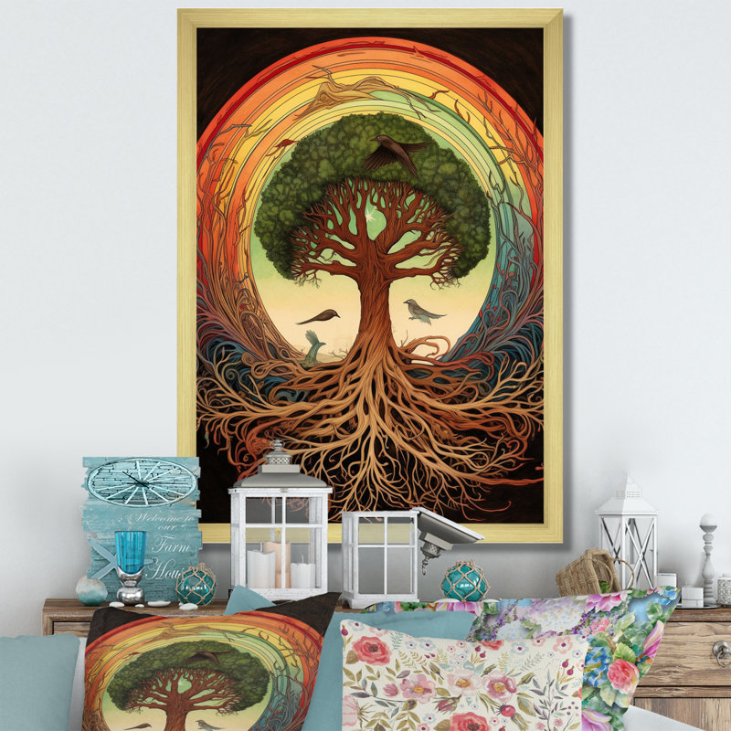 Arbre de vie, illustration rétro sur toile, Cadre doré à une seule photo, H 32 po x l 24 po x P 1 po