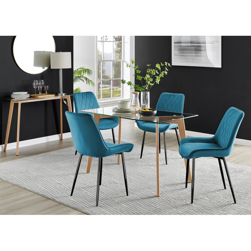 Scandinavian Dining Table Set - Minimalist Style Glass and Metal Leg with 4 Luxury Dining Chairs, Blue/Black, Light Brown