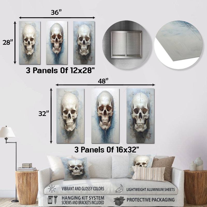 «Skull Elegance Portrait», ensemble de 3 impressions de crânes en métal, H 28 po x l 36 po