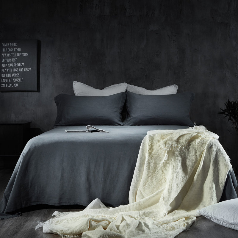 Ensemble de literie en lin, Gris crépuscule, Ensemble de draps pour grand lit avec 2 taies d'or