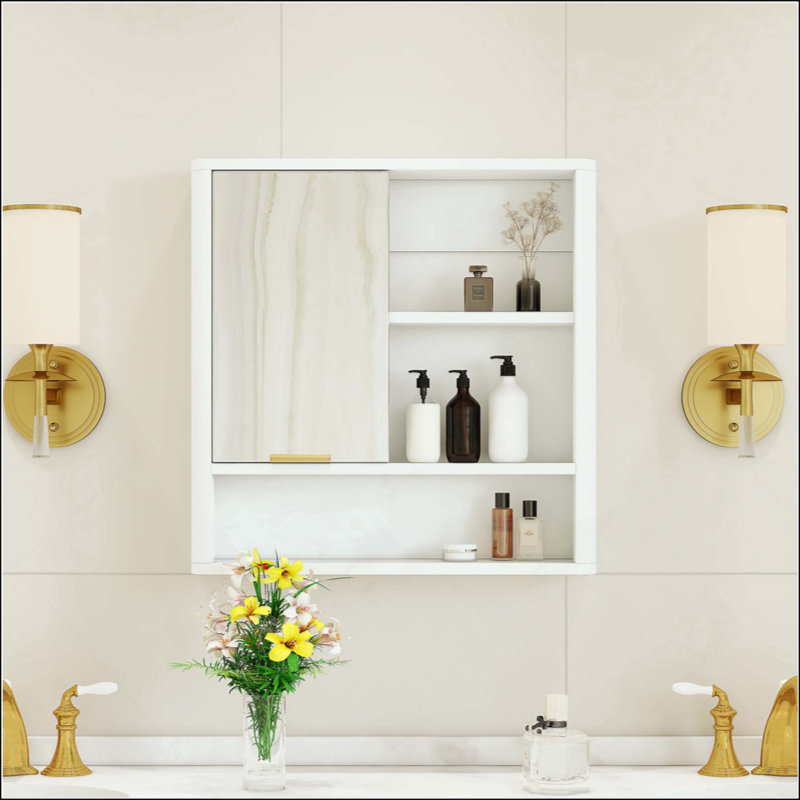 Armoire de salle de bain moderne avec miroir, armoire de rangement murale avec tablettes ouvertes, armoire à pharmacie imperméable avec décor, organisateur de meuble-lavabo peu encombrant pour la salle de bain