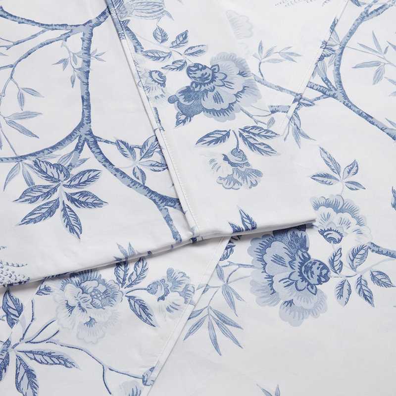 Ensemble de draps en satin de satin 400 fils Josephine, Très grand, Blanc / bleu