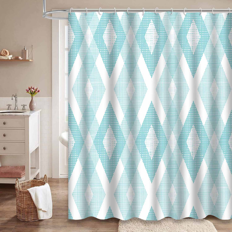 Rideau de douche en tissu pastel bleu ikat à losanges avec 12 crochets, L 72 po x l 84 po