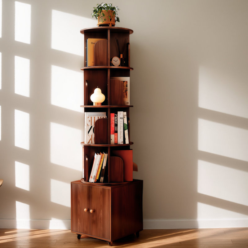 69.68“ 5 Tier Rotating Bookcase With Drawer, Storage And Display Spinning Corner Bookshelf, Rotating Rolling Bookcase, 360 Degree Display Corner Bookshelf, For Home Office And Living