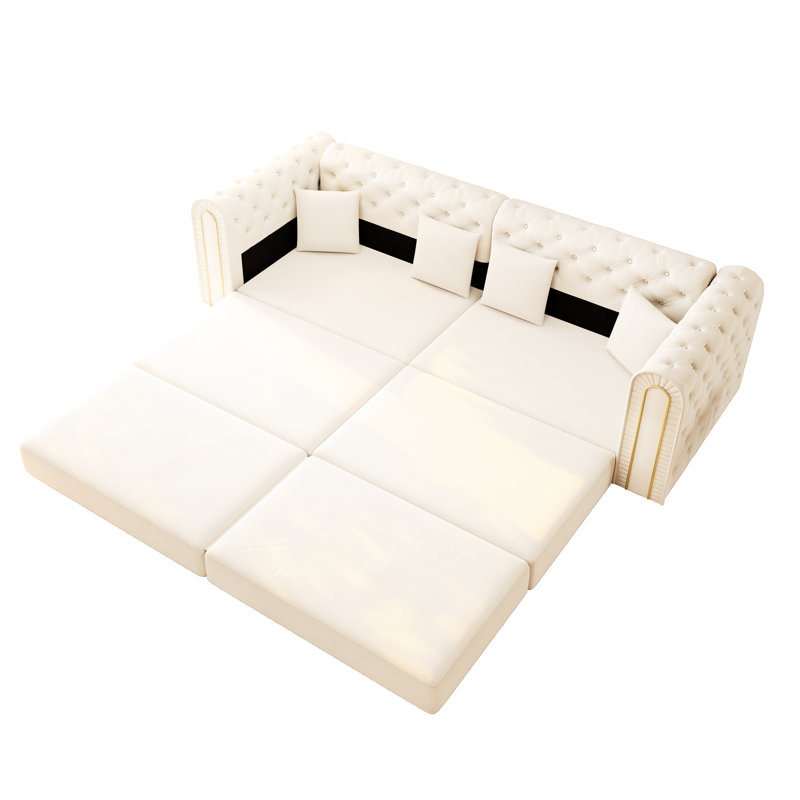 Lit économiseur d'espace 3 en 1 90,6 po, canapé-lit avec bouton et velours gris foncé mobile pour optimisation de bureau, coussins élégants à bordure dorée, noir