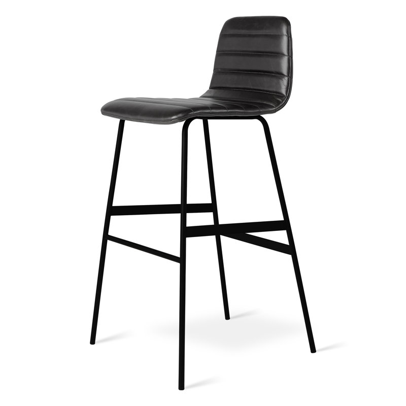 Upholstered Stool with Metal Frame, Bar Stool (30" Seat Height), Saddle Black Genuine Leather