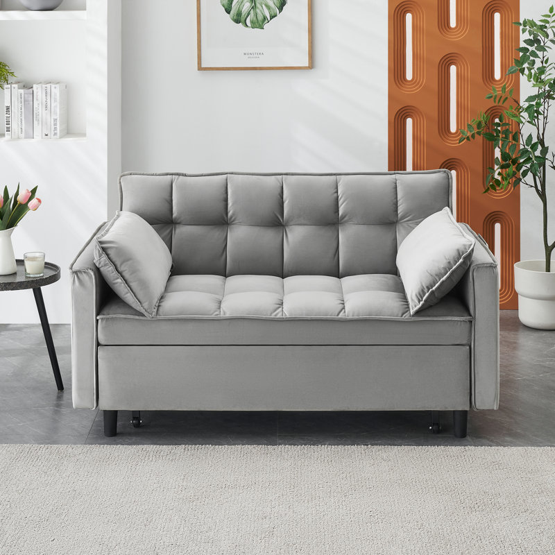 Modern 55" 3-in-1 couch folding sofa bed with two lumbar pillows for living room and office, Gray Velvet