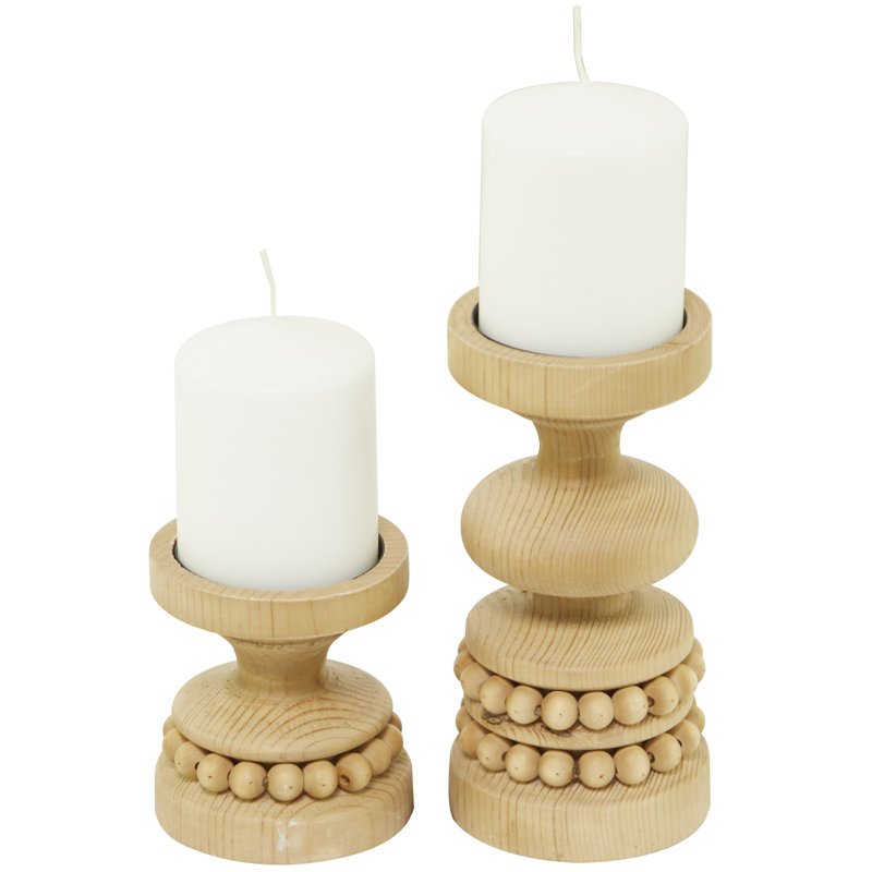 Wood Beaded Pillar Decorative Candle Holder Set, Cream