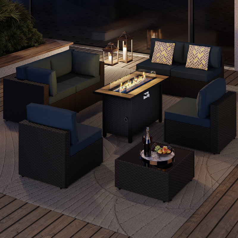  Ensemble de patio 11 pièces en osier avec foyer, Marine, Noir