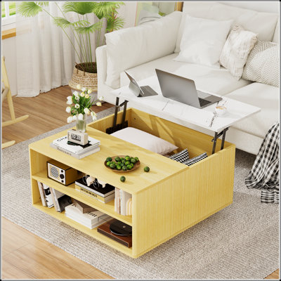 Table basse à plateau relevable avec rangement, parfaite pour la vie moderne et peu encombrante, idéale pour les salons.