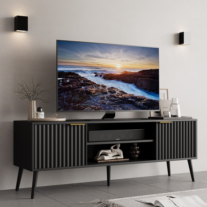 Meuble télé moderne du milieu du siècle pour téléviseurs de 32 à 60 pouces, Noir