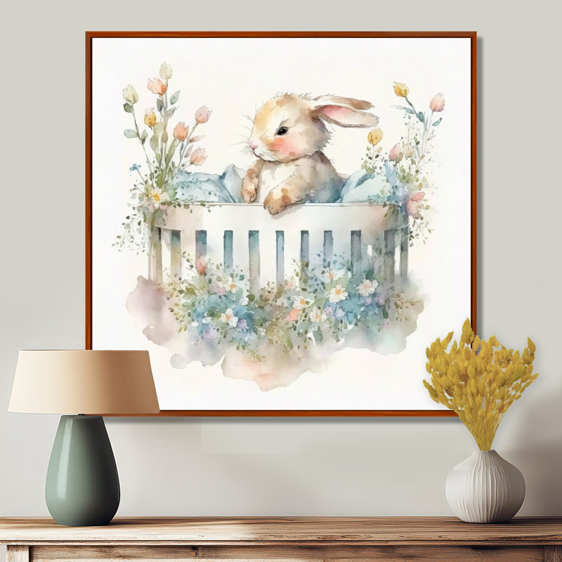 Baby Bunny In Crib With Flowers II - Rabbit, art mural, H 36 po x l 36 po, Cadre flottant brun