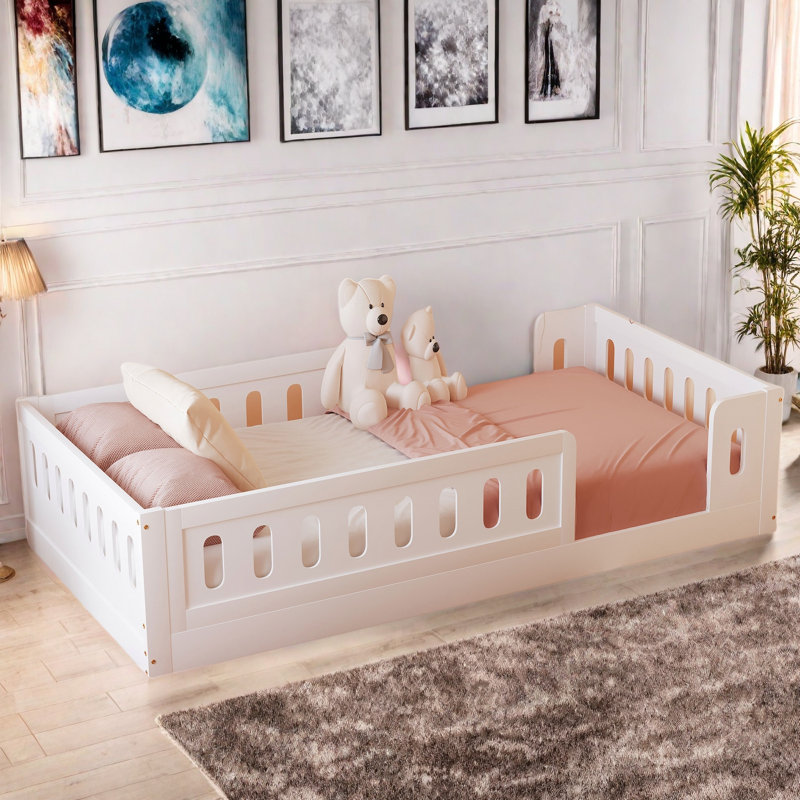 Wooden Platform Bed With Semi-enclosed Fence, White
