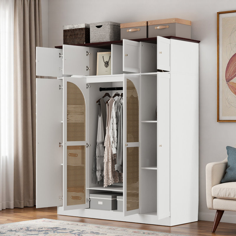 Armoire-penderie à grande capacité avec tringle, tablettes réglables et portes décoratives en rotin, Blanc / Brun
