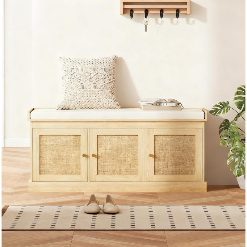 Shoe Storage Bench With Woven Rattan Doors, Shoe Bench, Oak