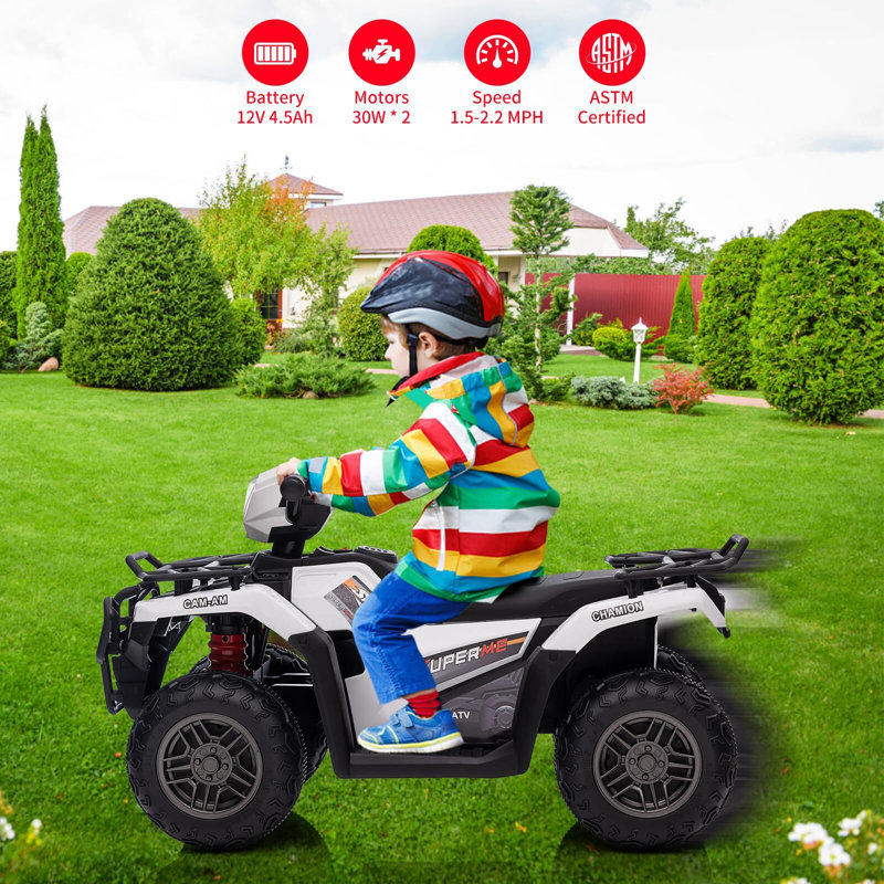 White 12V Kids Quad ATV with LED Lights and Music