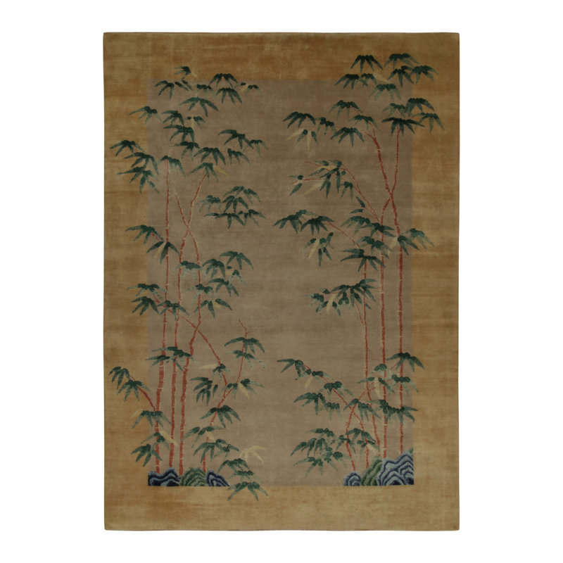 Rug & Kilim’S Chinese Style Art Deco Rug In Beige With Green And Blue Florals, Rectangle 5' x 8'