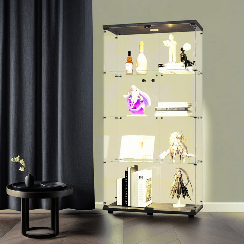 Black 4-shelf Lighted Glass Display Cabinet - 65.01”h X 31.51”l 14.31”w, Lights With 12 Color Settings By Remote Control, 5mm Tempered & Solid Wood, Safe , Lock For Security, 15 Lbs Shelf Capacity,