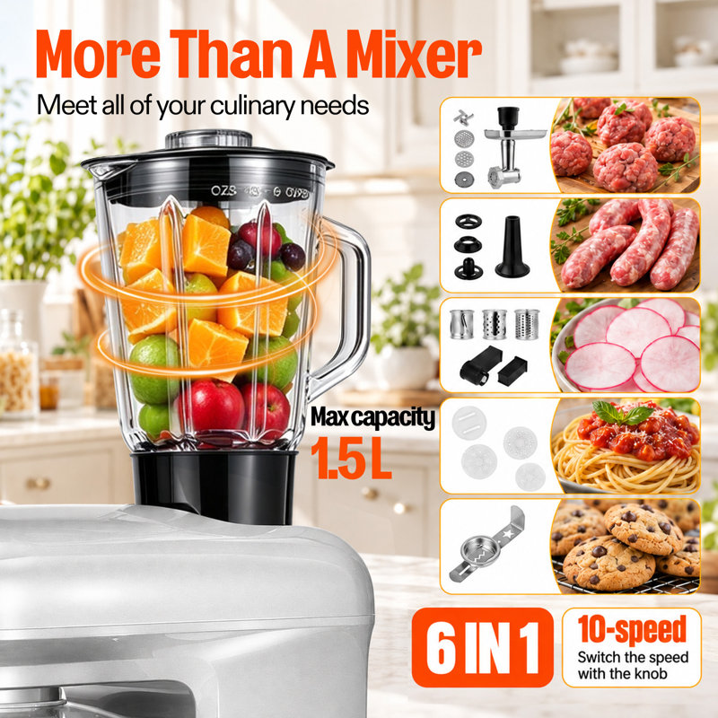 8.5-Quart 10-Speed 6-in-1 Multifunctional Electric Stand Mixer, Silver