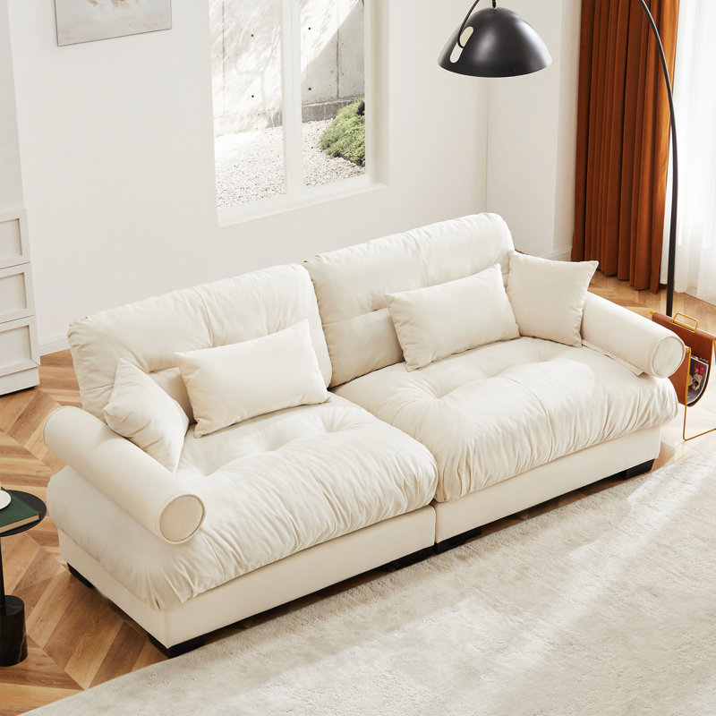 Modern 2 - Seater Sofa With Bolstered Armrests, Featuring Waist And Throw Pillows For Ultimate Comfort And Style, Cream