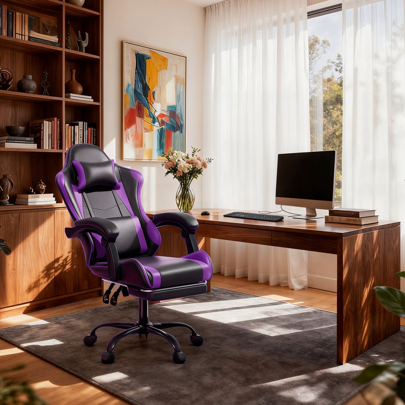 PU Leather Adjustable Gaming Chair, Ergonomic Desk Computer Chair with Headrest, Footrest and Lumbar Support, Purple