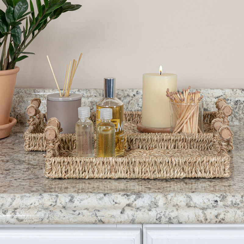 Natural Seagrass and Wood Rectangular Serving Tray Set with Handles