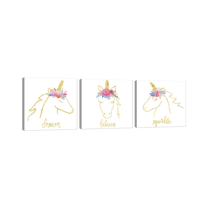 Golden Unicorn Triptych - ensemble d'art mural sur toile - toile tendue (ensemble de 3)