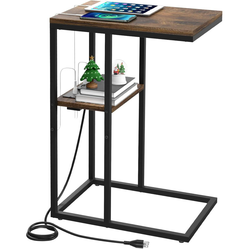 Leelo Shaped End Table with Charging Station for Living Room, Bedroom, Sofa Table with USB Ports and Outlets for Small Spaces, C Couch Rustic Snack Bed Table
