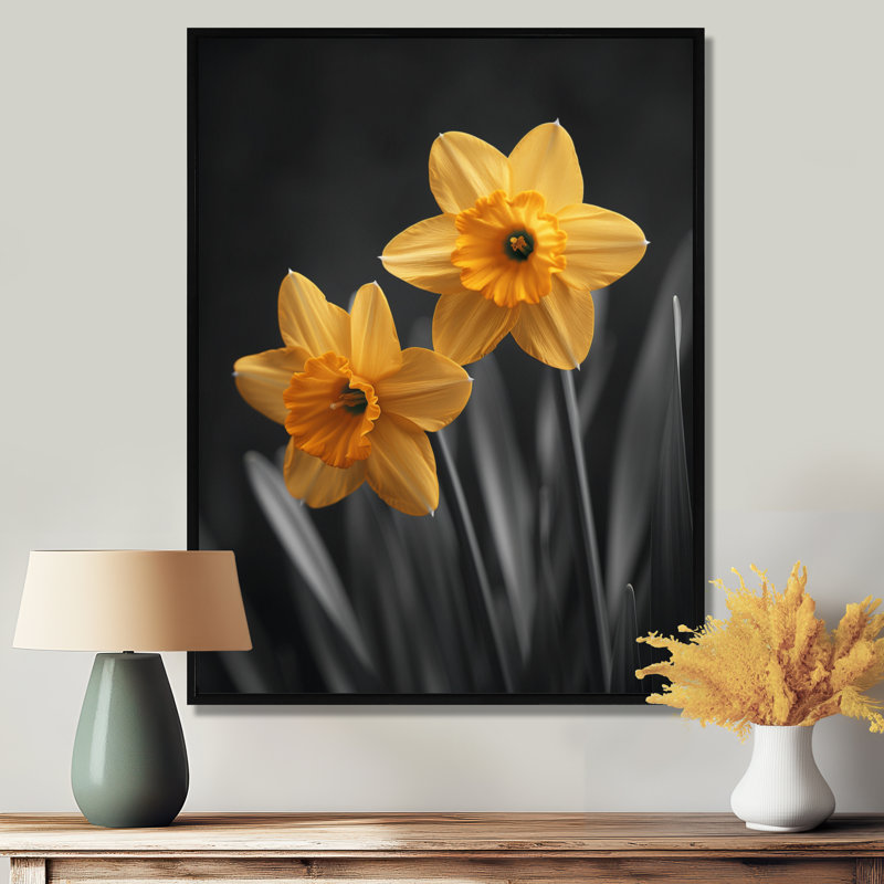 «Yellow Grey Garden Glamour Daffodils» - impression d'art mural jonquilles, Cadre flottant noir, H 16 po x l 32 po