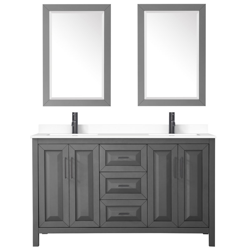 Daria 60'' W Double Vanity, White Cultured Marble, Dark Gray, Matte Black