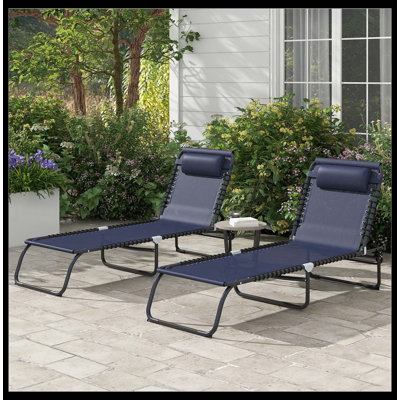Folding Chaise Lounge Pool Chair Set Of 2, Comfortable Patio Sun Tanning Chairs, Outdoor Lounge Chairs With Adjustable Reclining Back, Soft Pillow, Breathable Mesh & Bungee Seat For Beach (Dark Blue)