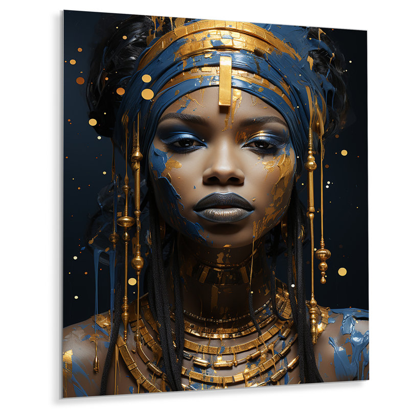 Bleu et or femme africaine déesse II - art mural en métal femme africaine, H 20 po x l 12 po x P 1 po