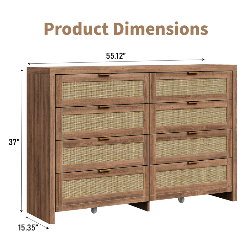 8-Drawer Rattan Dresser with Rolling Wheels, Walnut