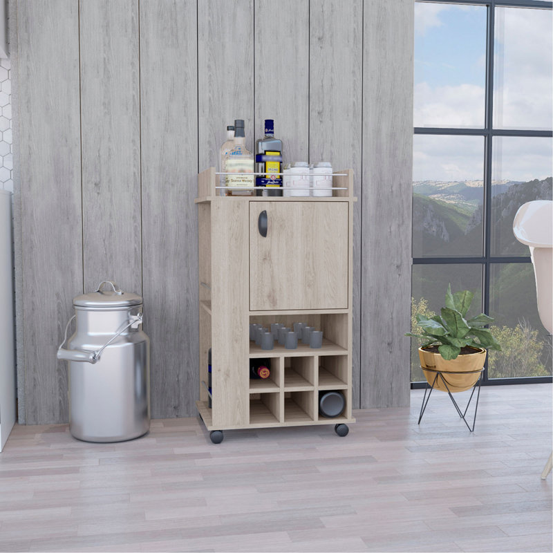 Bar Cart with Cabinet, 6 Built-in Wine Rack and Casters, Grey, 38.8" H x 16.3" W x 21.7" D, MDF