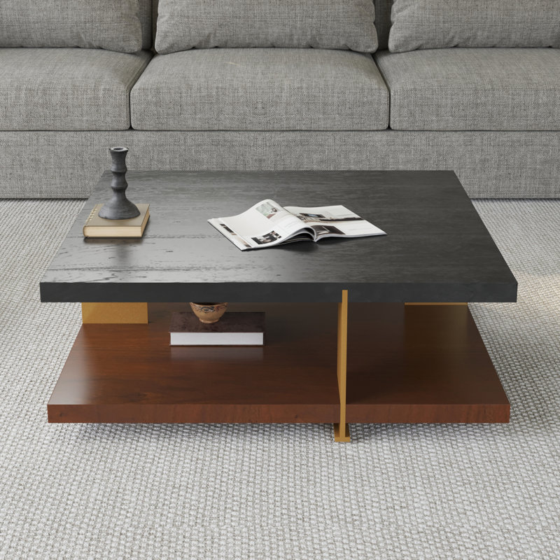 Square Coffee Table With Storage, Black Top/Brown Base