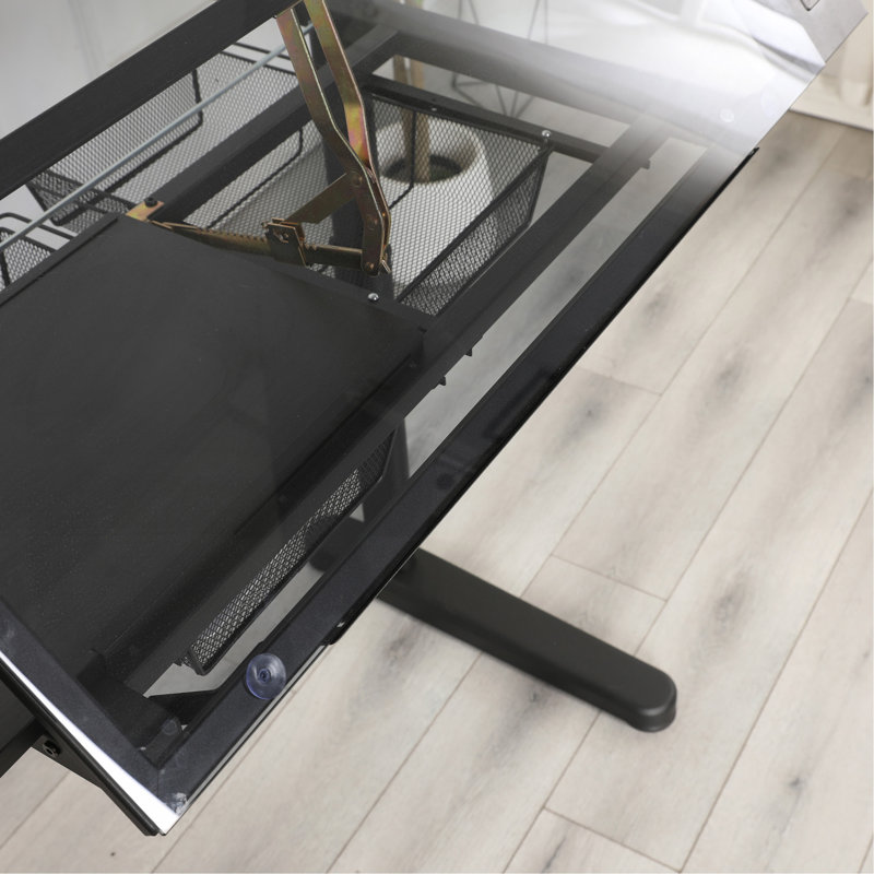 Table à dessin à manivelle réglable avec 2 tiroirs en métal et tabouret, Noir