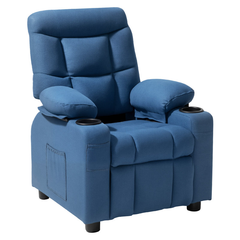 Kids Recliner Chair, Toddler Lounger with Cup Holders & Pockets, 107° to 126° Adjustable Back, Breathable Polyester Upholstery Reclining Sofa with Foot-rest, for Boys and Girls, Children (Blue)