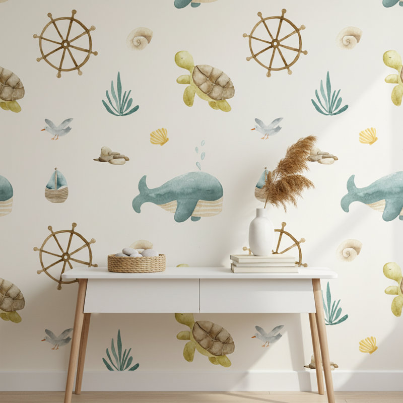 Papier peint marin, tortue baleine, Non tissé, non collé
