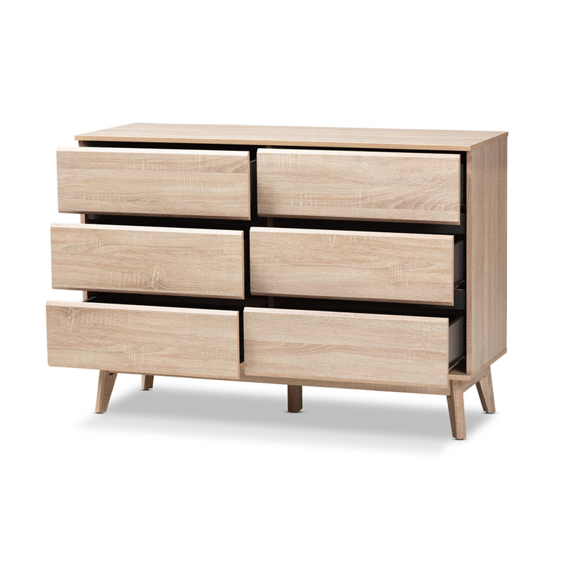 Commode 6 tiroirs au fini brun chêne de Bertran, style Mid-Century moderne, H 33,15 po x l 47,05 po x P 16,50 po