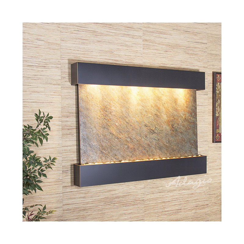 Teton Falls Acrylic Weather Resistant Wall Base Fountain with Light, Blackened Copper, Green Feather