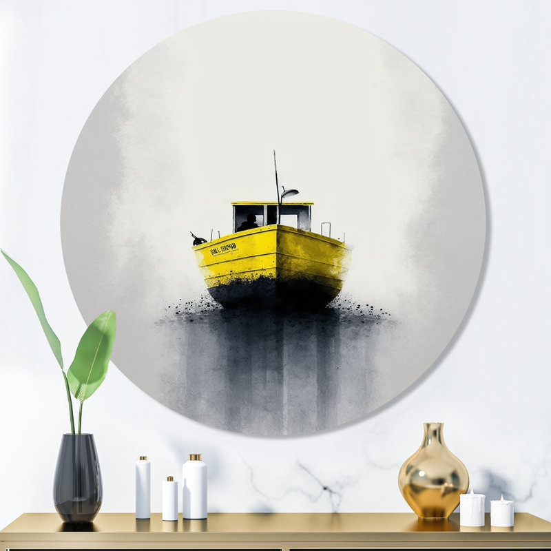 Décoration murale jaune bateau en brouillard jaune sur le lac III - Bateau côtier, H 29 po x l 29 po x P 1 po