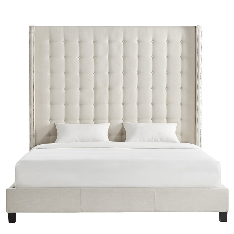 Kaster Upholstered Wingback Bed, Eastern King, White Linen