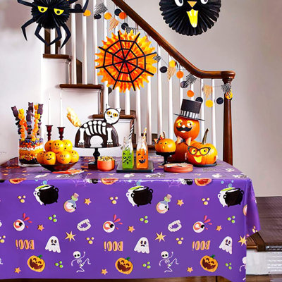 Paquet de 3 nappes d'Halloween - couverture de table en plastique avec globe oculaire et citrouille, housses de table jetables rectangulaires et imperméables pour décorations d'Halloween et articles de fête, mauve, 54 x 108 po