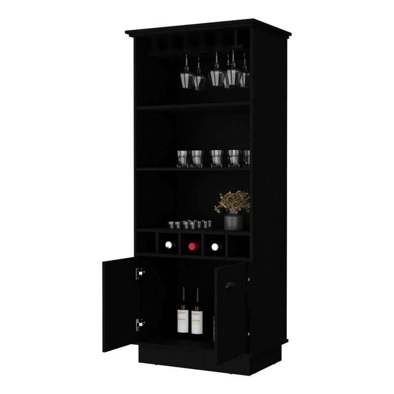 Bar contemporain noir avec porte-verres et étagère spacieuse moderne avec rangement