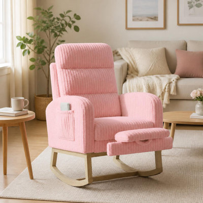 Chaise berçante de chambre de bébé avec repose-pieds et dossier haut, siège et dossier rembourrés, structure en bois robuste, mouvement de glissement en douceur pour la chambre de bébé et coin lecture