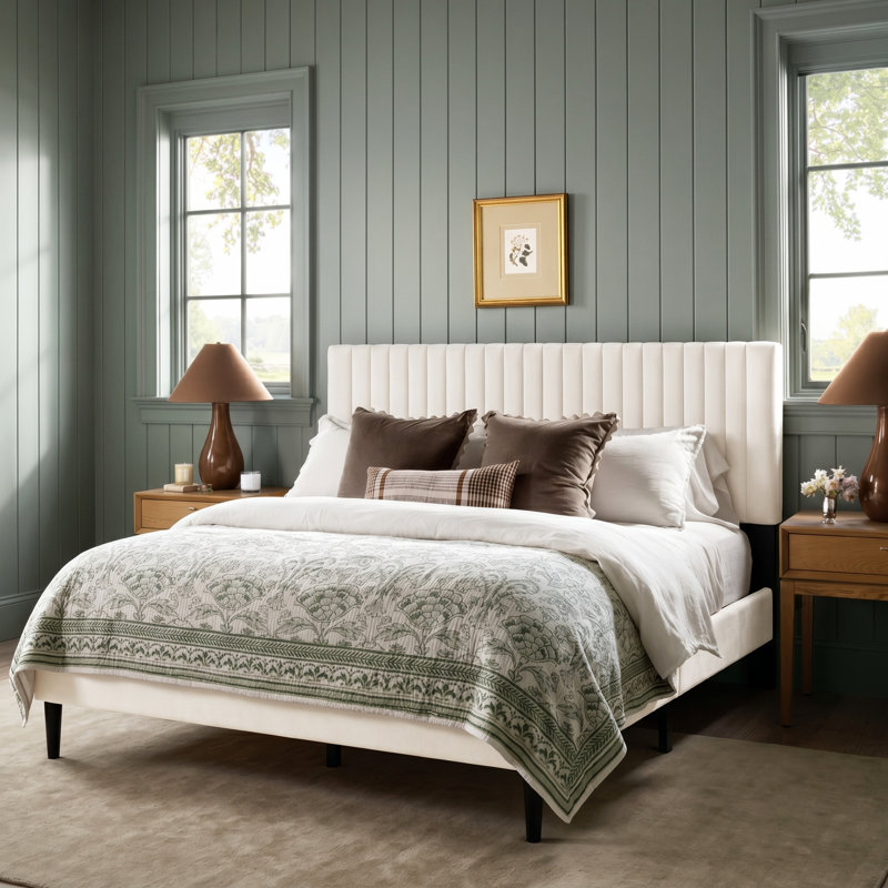 Structure de lit tapissier en velours avec tête de lit ajustable Dravos Modern, Beige, King