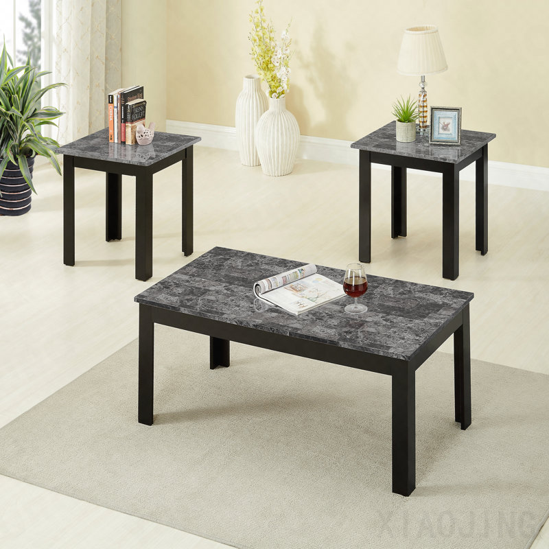 Ensemble de 3 pièces Table basse rectangulaire de style traditionnel Table de bout carrée Pieds en bois Finition noire Plateau en faux marbre Finition grise