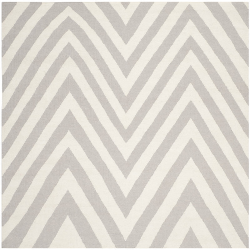 Rodgers Hand Woven Flat Weave Wool/Cotton Chevron Rug in Gray/Ivory, Square 6'