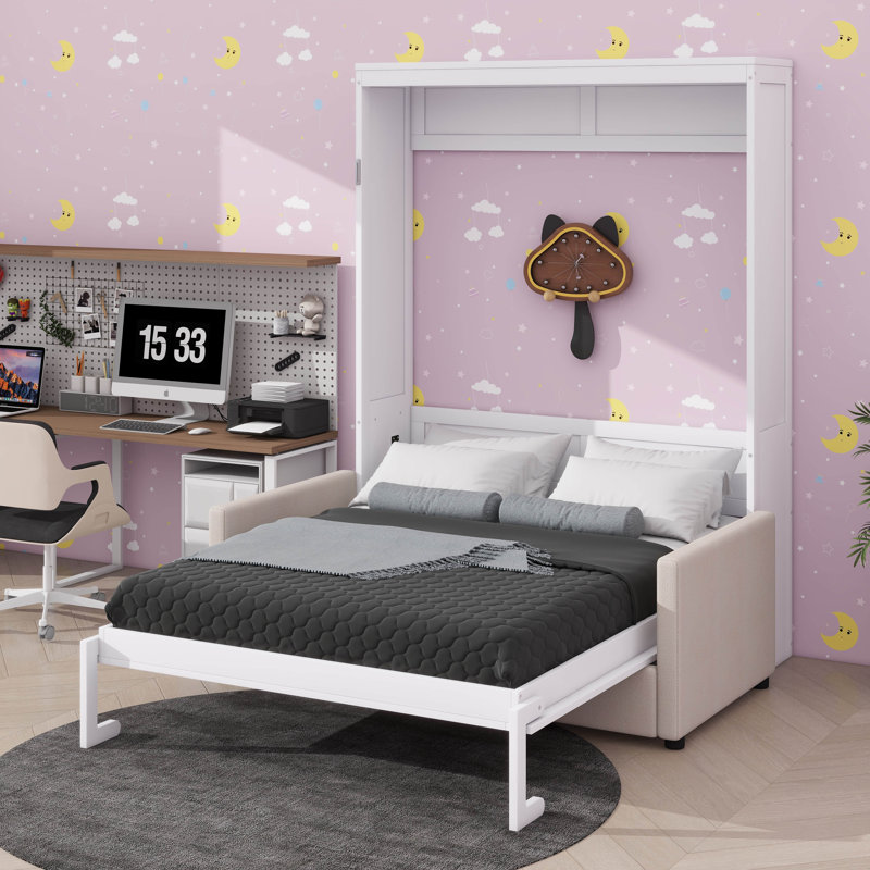 Grand lit escamotable mural avec coussin, Blanc