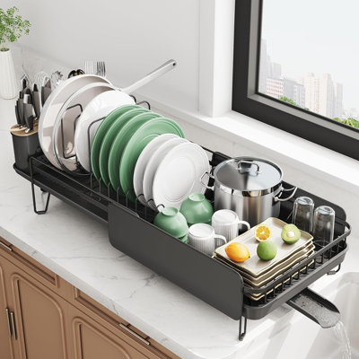 Expandable Stainless Steel Dish Drying Rack, 19.3‑29.4in, Black, Family‑Size Counter Organizer with Dividers, Rotating Spout & Utensil Holder